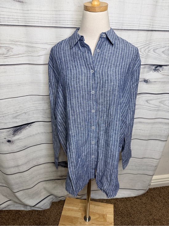 Quince Tops - Quince Linen Blue and White Vertical Stripe Button-Down Shirt